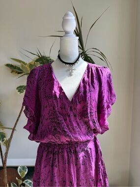 Magenta Floral Print V-Neck Wrap Silk Dress